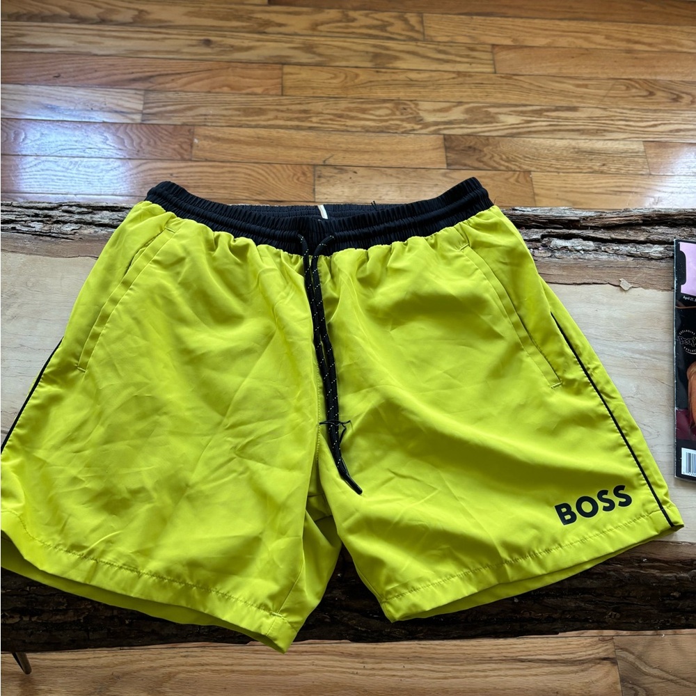 BOSS Neon Yellow Swim Shorts with Black Waistband